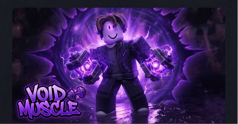 Void Muscle Roblox character holding glowing void dumbbells in a purple portal